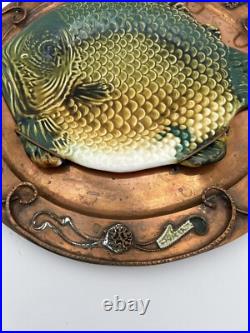 Granit Hungary Art Pottery Ceramic Fish On Copper Plate 14.25