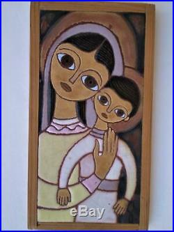 Greek Signed Ceramic Tile Art, Madonna Virgin Mary with Jesus (Child), Valsamakis