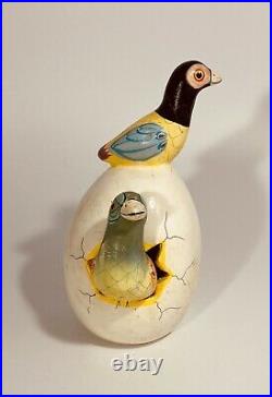 Hand Made Ceramic Hatching Egg Art Two Parrot Birds Mexico