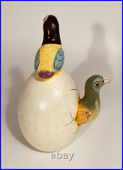 Hand Made Ceramic Hatching Egg Art Two Parrot Birds Mexico