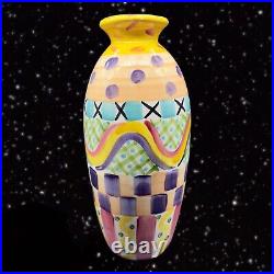 Hand Painted Ceramic Tall Vase Abstract Signed By Artist 1996 Pottery 11.5T 3W