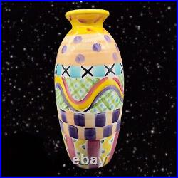 Hand Painted Ceramic Tall Vase Abstract Signed By Artist 1996 Pottery 11.5T 3W