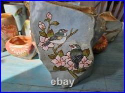 Handmade Ceramic Art Pottery Planter Birds Flowers Glossy Drainage Hole