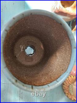 Handmade Ceramic Art Pottery Planter Butterfly Glossy Blue Brown Drainage Hole