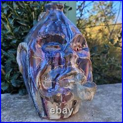 Handmade Clay Folk Art Pottery Ceramic Face Jug with Pipe by Billy Joe Craven