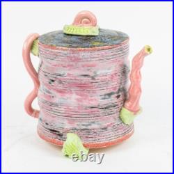 Handmade Signed Contemporary Art Pottery Teapot- Sculptural Pink & Green Glaze