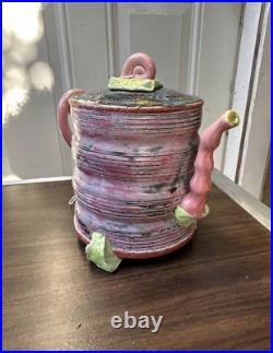 Handmade Signed Contemporary Art Pottery Teapot- Sculptural Pink & Green Glaze