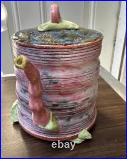 Handmade Signed Contemporary Art Pottery Teapot- Sculptural Pink & Green Glaze