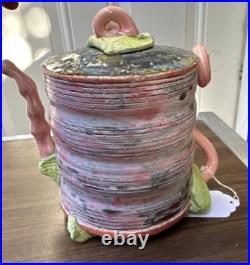 Handmade Signed Contemporary Art Pottery Teapot- Sculptural Pink & Green Glaze