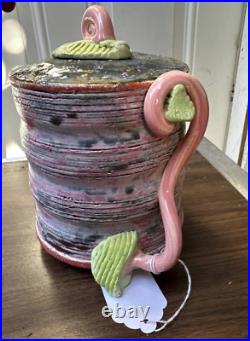 Handmade Signed Contemporary Art Pottery Teapot- Sculptural Pink & Green Glaze