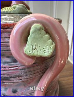 Handmade Signed Contemporary Art Pottery Teapot- Sculptural Pink & Green Glaze