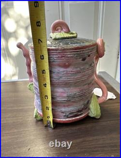 Handmade Signed Contemporary Art Pottery Teapot- Sculptural Pink & Green Glaze