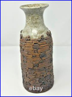 Handmade Stoneware Clay Unique Tan and Brown 12 Pottery Vase Signed