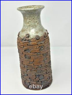 Handmade Stoneware Clay Unique Tan and Brown 12 Pottery Vase Signed