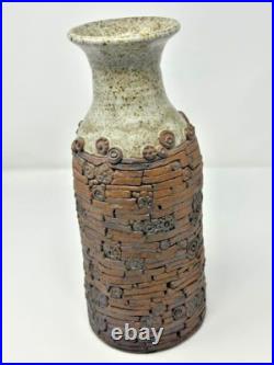 Handmade Stoneware Clay Unique Tan and Brown 12 Pottery Vase Signed