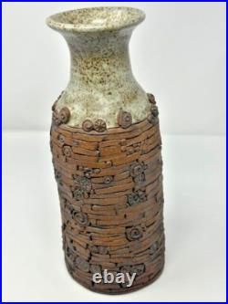 Handmade Stoneware Clay Unique Tan and Brown 12 Pottery Vase Signed