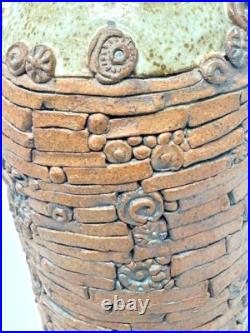 Handmade Stoneware Clay Unique Tan and Brown 12 Pottery Vase Signed
