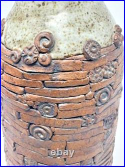 Handmade Stoneware Clay Unique Tan and Brown 12 Pottery Vase Signed