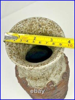 Handmade Stoneware Clay Unique Tan and Brown 12 Pottery Vase Signed