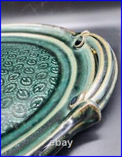 Handmade Studio Art Pottery Ceramic Tray Platter Green Handle 17 Signed