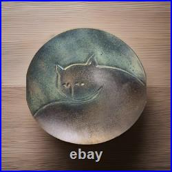 Handmade ceramic clay art pottery cat bowl platter 13 signed modern