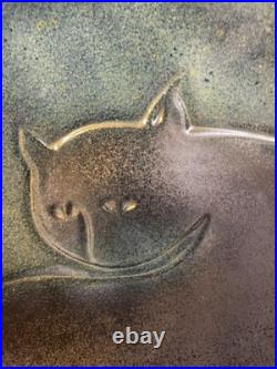 Handmade ceramic clay art pottery cat bowl platter 13 signed modern