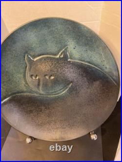 Handmade ceramic clay art pottery cat bowl platter 13 signed modern
