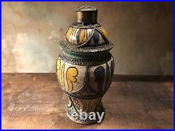 Handpainted Ginger Jar Moroccan Art Pottery Ceramic Urn Vessel Silver Filigree