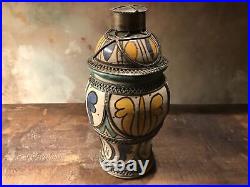 Handpainted Ginger Jar Moroccan Art Pottery Ceramic Urn Vessel Silver Filigree