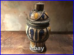 Handpainted Ginger Jar Moroccan Art Pottery Ceramic Urn Vessel Silver Filigree