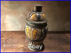 Handpainted Ginger Jar Moroccan Art Pottery Ceramic Urn Vessel Silver Filigree