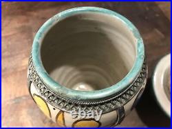 Handpainted Ginger Jar Moroccan Art Pottery Ceramic Urn Vessel Silver Filigree