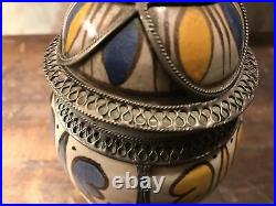 Handpainted Ginger Jar Moroccan Art Pottery Ceramic Urn Vessel Silver Filigree