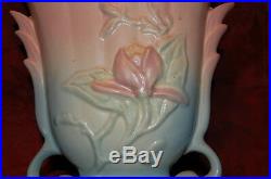 Hull Art blue and pink vase wtih yellow magnolia blossom