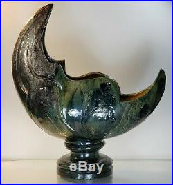 Impressive Art Nouveau Belgium French 18 inch moon shaped pottery vase luna blue
