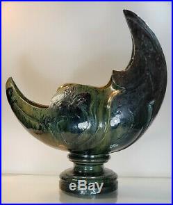 Impressive Art Nouveau Belgium French 18 inch moon shaped pottery vase luna blue