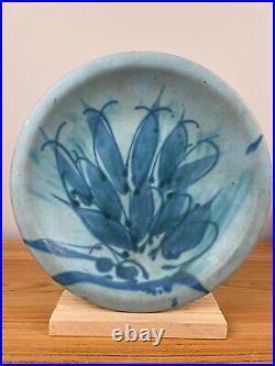 JT Abernathy Art Pottery Centerpiece Plate Ceramic Blue Leaf Design 11.5