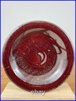 JT Abernathy Art Pottery Cupped Decorative Plate Ceramic Oxblood Red 7.5 Dia