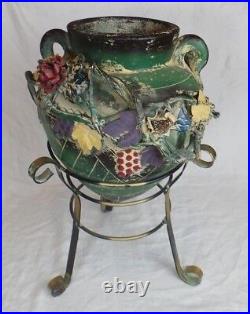 Japanese Art Pottery Ceramic Vase With Metal Base