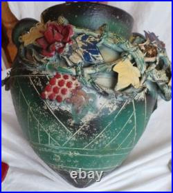 Japanese Art Pottery Ceramic Vase With Metal Base