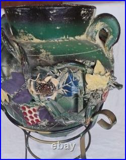 Japanese Art Pottery Ceramic Vase With Metal Base