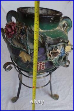 Japanese Art Pottery Ceramic Vase With Metal Base