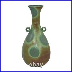 Japanese Vintage Art Pottery Matte Green Brown Handled Ceramic Bud Vase