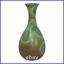 Japanese Vintage Art Pottery Matte Green Brown Handled Ceramic Bud Vase