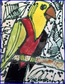 Juozas Rasa Saldaitis Pottery Ceramic Parrot on Branch Wall Art 13x10 Signed