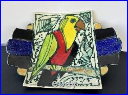 Juozas Rasa Saldaitis Pottery Ceramic Parrot on Branch Wall Art 13x10 Signed