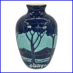 Ken Tracy Studio 2017 Art Deco Pottery Hand Made Scenic Blue Ceramic Vase