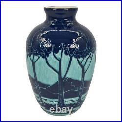 Ken Tracy Studio 2017 Art Deco Pottery Hand Made Scenic Blue Ceramic Vase