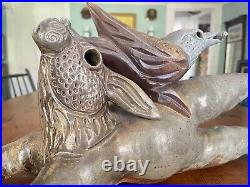 Large Modern Ceramic Art Pottery Figural Sculpture Rabbit & Bird by Peter Rose