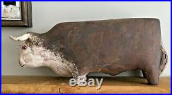 Large studio art ceramic sculpture of a bull, painted & artist's initals